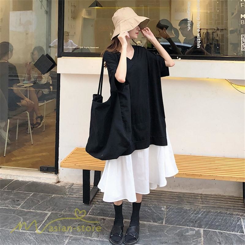 切り替えワンピース 半袖 ワンピース 黒白 フェイク2点 夏服 夏