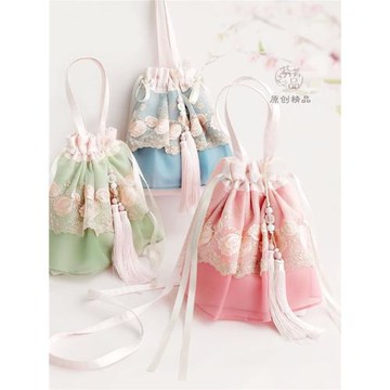 芬芳之品原創撞色蕾絲仙女包包復古風手提斜挎漢服女包綠色