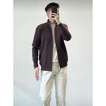 時尚潮流條紋拉鍊上衣男秋冬新款休閒百搭寬鬆毛衣男