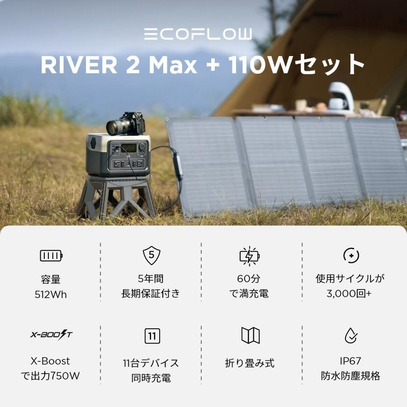 ポータブル電源 ソーラーパネル セット RIVER 2 Max 512Wh+110W 太陽光