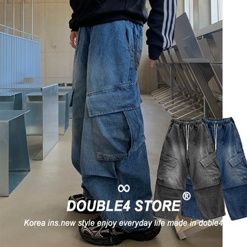 【DOUBLE4】大口袋闊腿牛仔長褲 腰鬆緊 挺版 韓系 落地牛仔寬褲 工作口袋 大寬版型 男女可穿 長褲男 1096