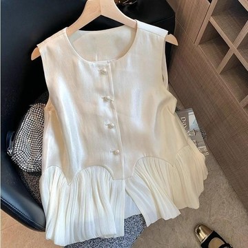 【雅韻衣櫥】荷葉邊拼接珠光緞面無袖上衣女夏季新款法式溫柔氣質減齡背心