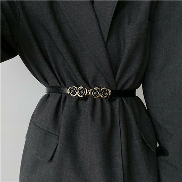 復古玫瑰花腰帶女真皮裝飾百搭配西裝呢子大衣外套束腰腰封皮帶細