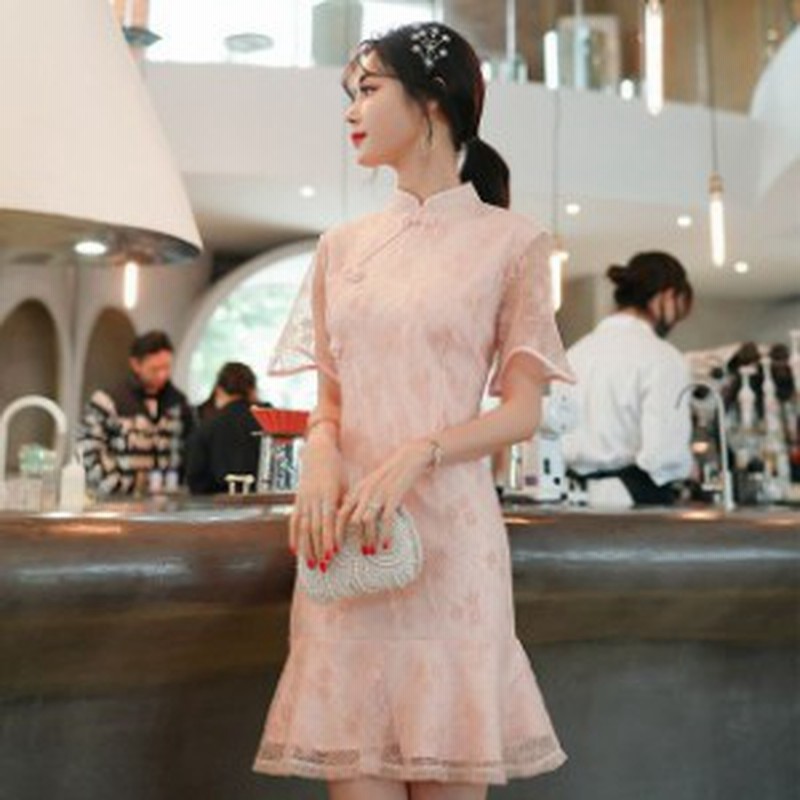 ミニワンピース 膝上丈ワンピース レースワンピース マ フローラル 花柄 総レース 40代 チャイナ風 結婚式 ワンピース パーティードレス 通販 Lineポイント最大get Lineショッピング