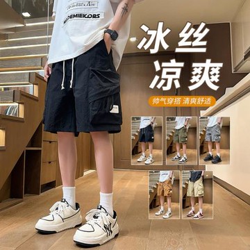 夏季冰絲工裝短褲男潮牌寬松青少年初中高中學生休閑運動五分褲子