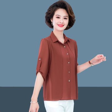 媽媽裝假兩件襯衣女七分袖雪紡衫春夏裝新款中老年人遮肉顯瘦上衣