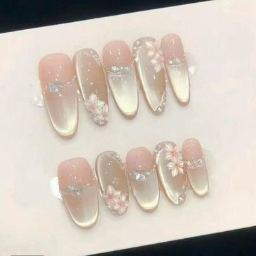 台灣出貨 美甲貼片 【春花夕拾】新款春夏季爆款手繪純手工美甲穿戴甲爆閃貓眼氣質顯 手工穿帶甲 美甲 美甲貼片 指甲貼片