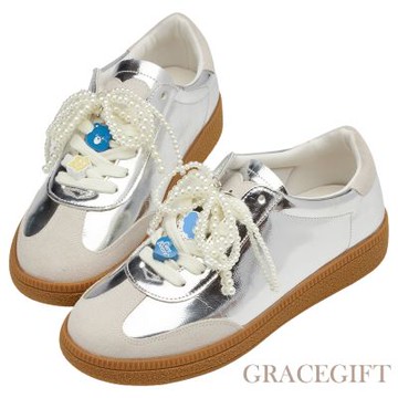 【Grace Gift】Care Bears-牢騷小熊扣飾拼接芭蕾舞德訓鞋 銀