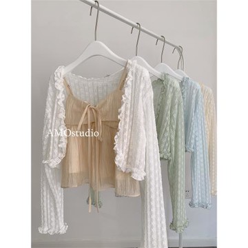 白色蕾絲木耳邊防曬開衫薄款女長袖小披肩夏季配裙子仙女純欲風短