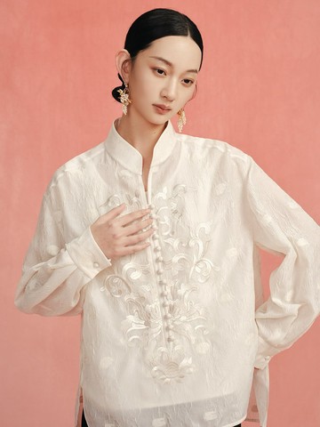 新中式立領刺繡襯衫 / 真絲皺摺長袖上衣 / 春曉纏枝蓮花