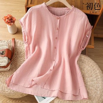 初色 簡約棉麻風純色木耳邊圓領無袖寬鬆輕薄透氣襯衫上衣女上衣-共3色-14007(M-3XL可選)
