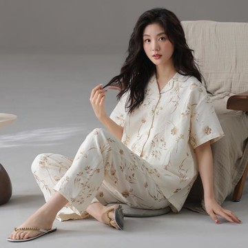 云朵棉短袖長褲翻領睡衣女夏季甜美春秋可外穿休閑大碼家居服套裝