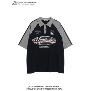 美式復古街頭學院風Polo領字母印花短袖T恤男女寬松百搭情侶半袖