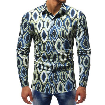 FINDSENSE H1秋季 新款 歐美  帥氣 抽象圖案印花 翻領 長袖襯衫 休閒襯衫 可打底可外穿 潮男上衣