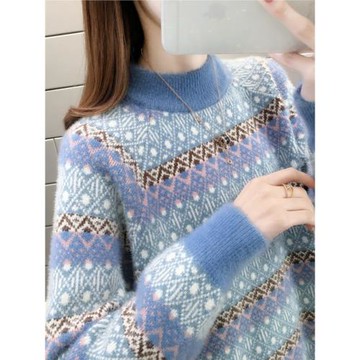 秋裝新款仿水貂絨半高領加絨加厚毛衣女寬松洋氣針織衫打底學生