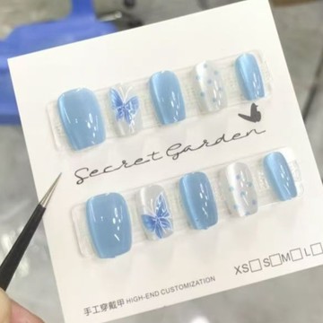 🔥2026新款🔥貓眼手工穿戴甲片 夢幻藍色蝴蝶貓眼穿戴甲 光療手工穿帶甲片 韓系短款百搭假指甲貼片 可拆卸重覆使用美甲片