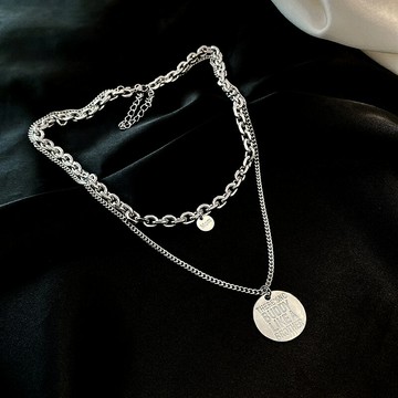 圓形吊牌項鏈女夏ins嘻哈小眾設計感百搭雙層鏈鎖骨鏈時尚配飾