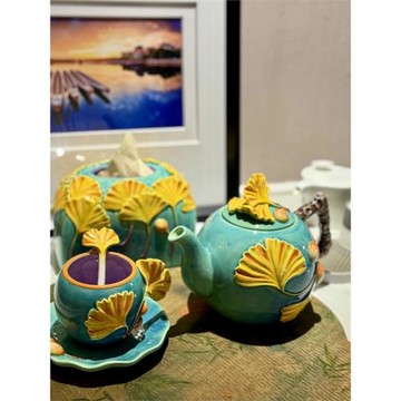 手繪陶瓷杏葉茶壺歐式輕奢泡茶壺花茶壺咖啡壺創意茶具套裝禮物