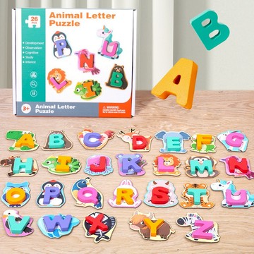 現貨《兒童桌遊H5G】26個字母動物配對拼圖 木製積木玩具 ♥ 字母 拼圖 動物配對 ♥ 兒童早教 益智 積木 玩具