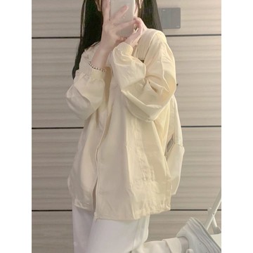 抗UV 防紫外線 防曬外套 戶外騎車釣魚防曬服 奶黃色開衫連帽防曬衫薄款外套女春夏季韓版學生寬松上衣