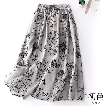 初色  復古文藝印花鬆緊帶中長裙半身裙-黑白色-68464(M-2XL可選)