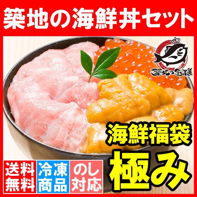 築地の海鮮丼セット 極み 約3〜4人前 本マグロ大トロ特盛り200g＆無添加生うに＆北海道産イクラ。