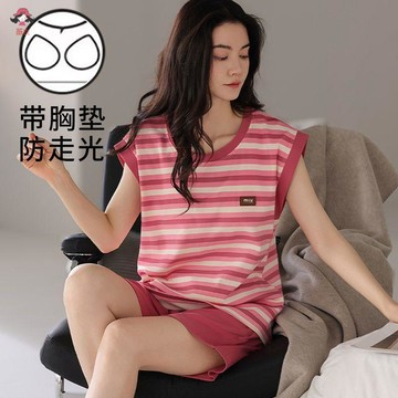 薇衣//胸墊睡衣 女生睡衣 涼感睡衣 睡衣套裝夏季新款自帶胸墊女士睡衣背心坎肩短褲大碼夏天可外穿家居服套裝