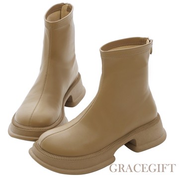 【Grace Gift】瘦瘦比例厚底彈力靴 杏