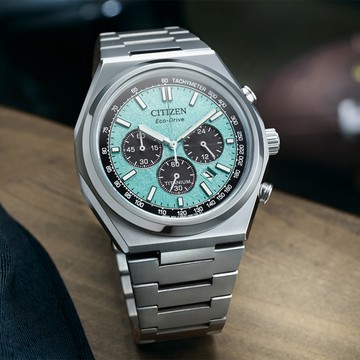 CITIZEN 星辰 Zenshin 新鈦度 限量 超級鈦 光動能復古三眼計時手錶-湖水綠 CA4610-85M