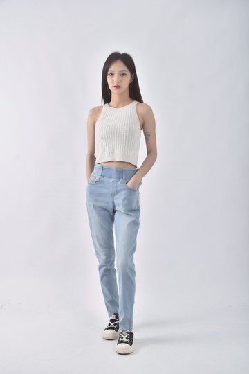 (L) lativ高腰丹寧牛仔棉質緊身藍色長褲
