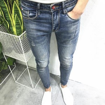 潮男夏新韓版修身淺藍貓須復古9九分小腳牛仔褲社會小伙網紅快手