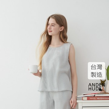 【Anden Hud】上衣_Lazy Day．純棉無袖細摺上衣(淺海藍豆米條) 純棉台灣製