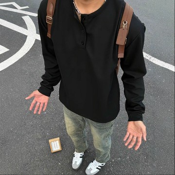 2025新款黑色美式亨利領衛衣男款春秋季百搭華夫格潮牌長袖t恤高鑫弘-衣錦男裝