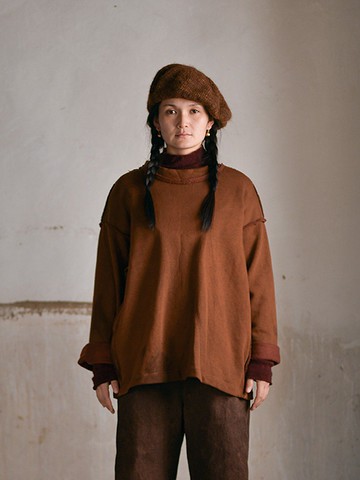 橘茶 絲麻混紡 圓機針織長袖T恤 套頭寬鬆衛衣