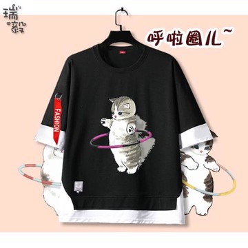 減肥貓咪運動可愛日系小貓假兩件短袖T恤衫男女兒童裝5五分袖中袖