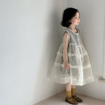 女童歐根紗連衣裙套裝2025新款夏裝兒童韓版背心裙女寶洋氣公主裙