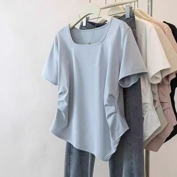 90kg 胖mm夏 上衣女 大尺碼上衣 大尺碼女裝 上衣女短袖 女上衣韓版 女生上衣 女裝 方領上衣 遮肚上衣 顯瘦上衣