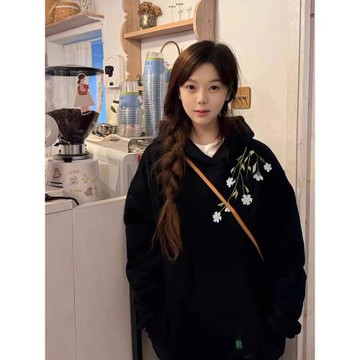 100%純棉美式復古銀狐絨薄款連帽衛衣女秋冬款潮牌設計感小眾外套