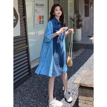 寬松慵懶風拼接牛仔襯衫連衣裙女夏薄款超火好看減齡高級小眾裙子
