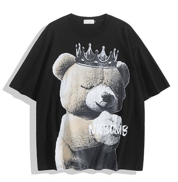 FINDSENSE X 韓潮 街頭 皇冠小熊印花 時尚男T 短袖T恤 寬鬆男女短T 情侶T