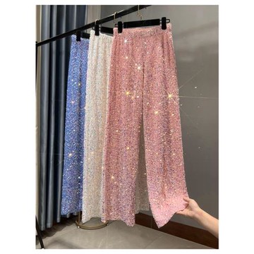 秋冬新款韓國絨亮片闊腿褲加長垂感顯瘦拖地褲閃亮休閑直筒褲女