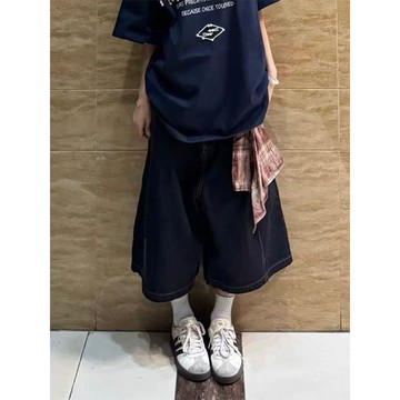 七分褲 韓系 男女 美式復古絲巾拼接牛仔七分褲潮男夏季街頭嘻哈寬鬆闊腿休閒短褲子 街頭 嘻哈 情侶 短褲 中性風 七分短