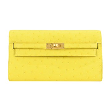 Hermes 愛馬仕 Kelly To Go Wallet 9N OSTRICH Z刻 長夾/斜背包(9N萊姆黃/金釦)