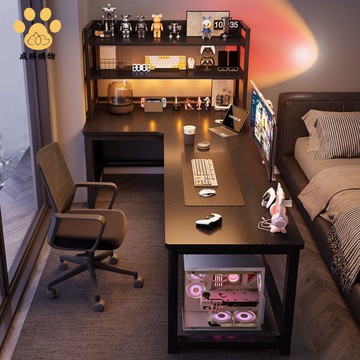 轉角電競桌 電腦桌 臺式 家用小戶型收納書桌 書架 一體桌 臥室拐角桌子ws7291