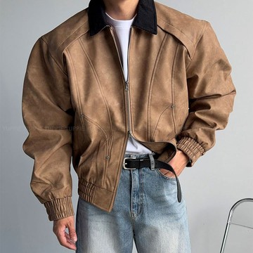 正韓皮革鉚釘剪裁短版翻領拼接夾克外套 3色 YUPPIE 預購商品 1020