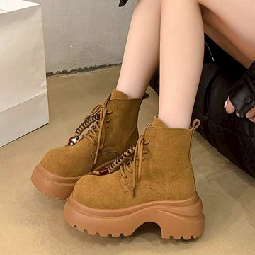 白鳥麗子 [現貨快出] 厚底靴 休閒純色絨面綁帶珠珠圓頭短靴