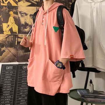 FINDSENSE X 時尚 韓潮 男士 街頭 休閒寬鬆 華夫格 大尺碼 連帽短袖T恤 情侶T恤 帽T