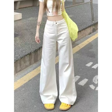 TGNS   白色牛仔褲 高腰 直筒褲 休閒長褲  寬褲褲子  長褲 休閒褲 女裝 垂墜感 休閒長褲