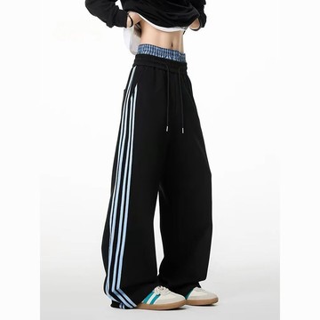 【美式復古 hiphop 黑色條紋】運動休閒褲女 春夏季 新款 寬鬆 直筒 闊腿褲 潮 休閑褲 直筒褲 顯瘦 長褲 褲子