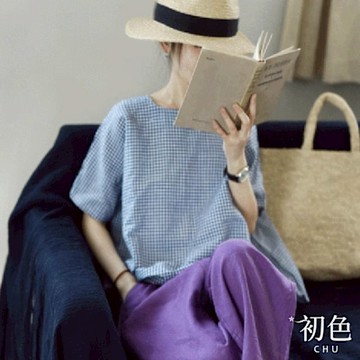 初色 棉麻風日系復古方領細格紋短袖中大碼T恤上衣女上衣-藍格-12001(L-2XL可選)